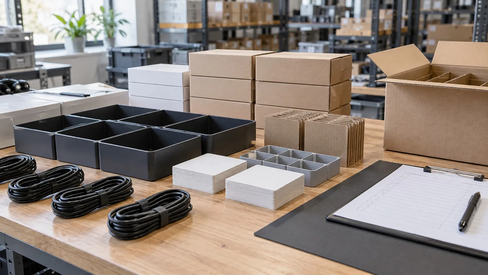 Wholesale Raspberry Pi 5 Cases: What Distributors Should Check Before Ordering 5 Distributor kitting desk with separated unbranded accessory compartments and blank component labels