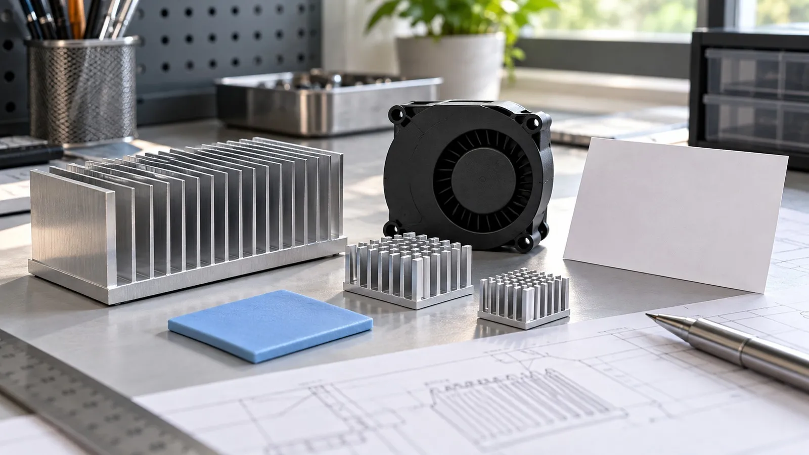 Wholesale Raspberry Pi 5 Cases: What Distributors Should Check Before Ordering 4 Generic cooling architecture planning scene with aluminum heat fins, an unbranded blower fan and blank distributor specification card