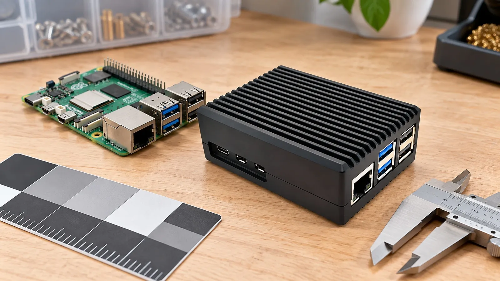 Wholesale Raspberry Pi 5 Cases: What Distributors Should Check Before Ordering 3 Approved black aluminum Raspberry Pi 5 case with USB Ethernet and power access visible on a technical fit-review bench