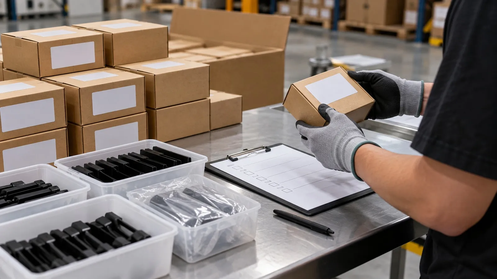 Wholesale Raspberry Pi 5 Cases: What Distributors Should Check Before Ordering 6 Wholesale incoming inspection table with unbranded cartons blank labels component trays and a checklist clipboard