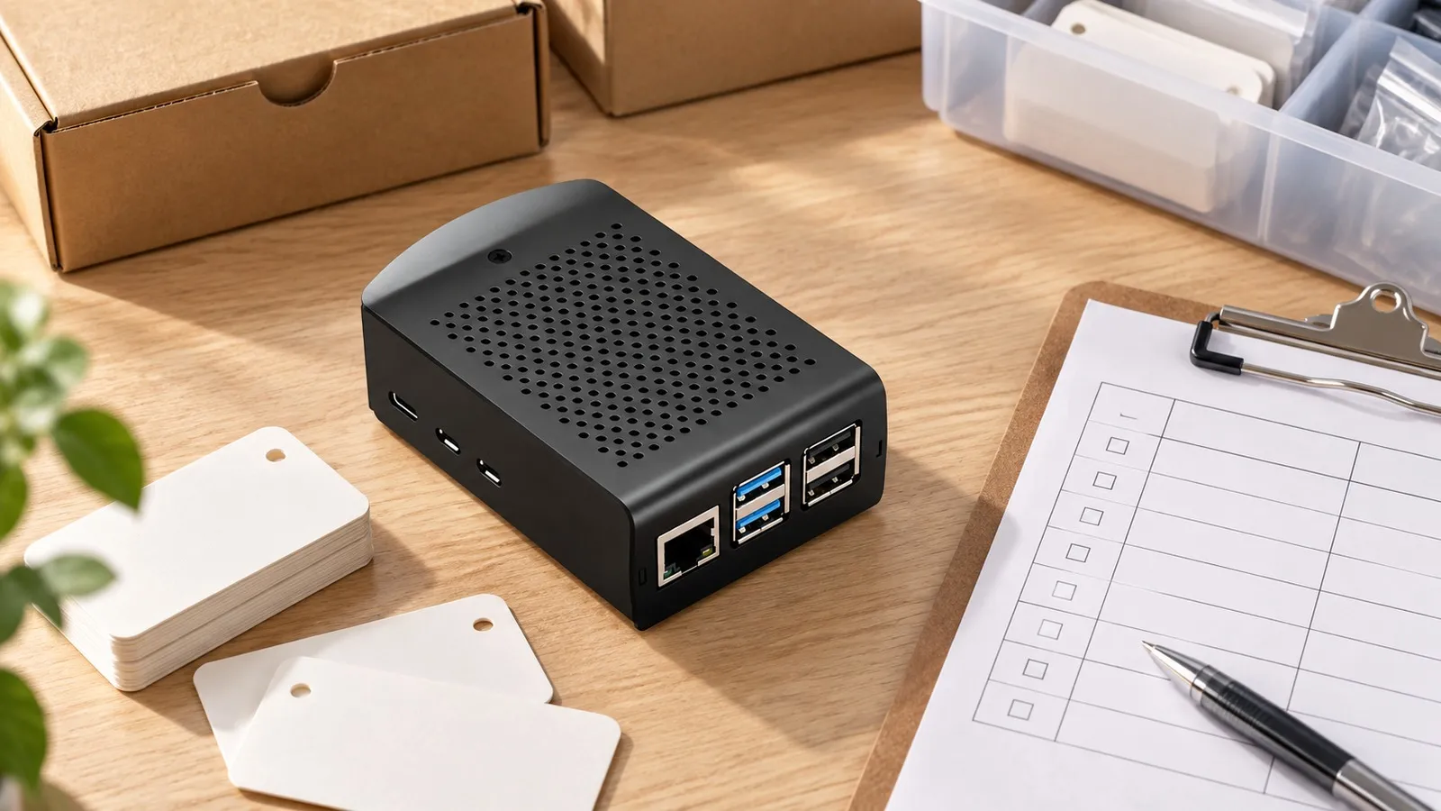 Wholesale Raspberry Pi 5 Cases: What Distributors Should Check Before Ordering 2 Black aluminum Raspberry Pi 5 case in a distributor SKU planning scene with blank stock cards